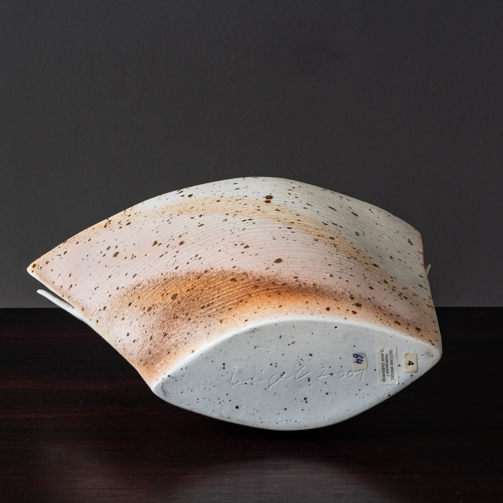 Gotlind Weigel, own studio, Germany, stoneware sculptural vase with cream, pink and brown glaze K2875