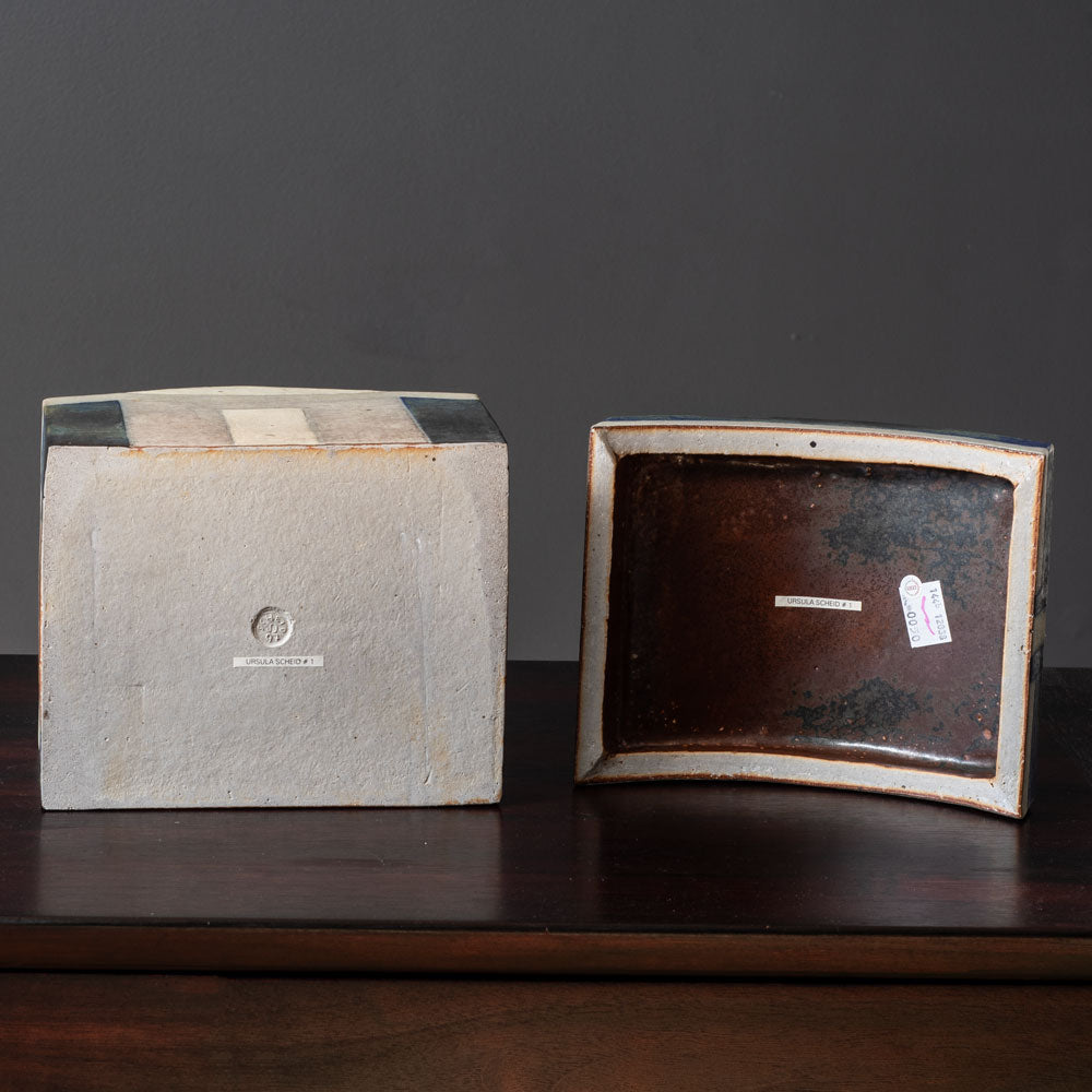 Ursula Scheid, Germany, large unique stoneware lidded box with blue and gray glaze  K2869