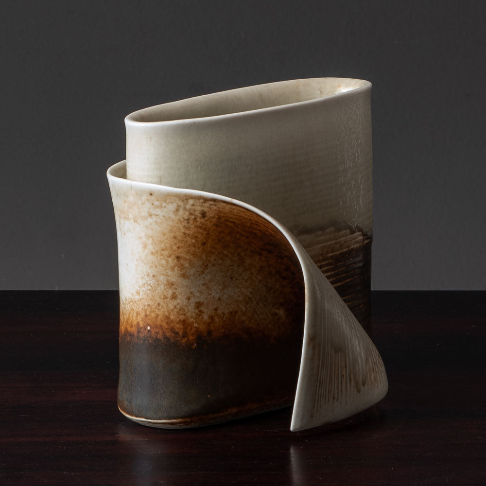 Gotlind Weigel, own studio, Germany, stoneware sculptural vase with cream and brown glaze K2876