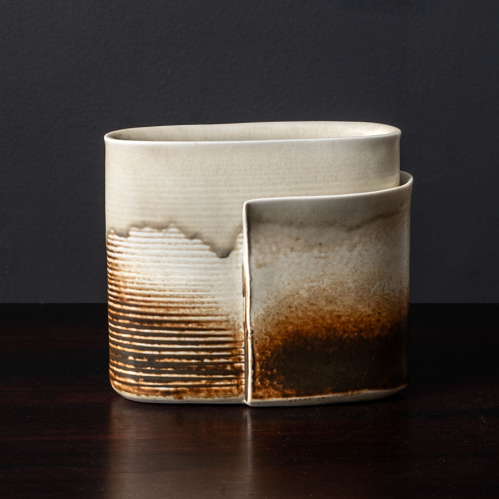 Gotlind Weigel, own studio, Germany, stoneware sculptural vase with cream and brown glaze K2876