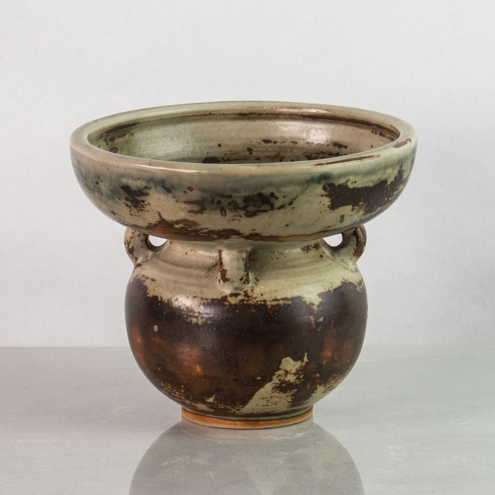 Carl Halier for Royal Copenhagen, Denmark, wide rimmed handled vase with Sung glaze G9303