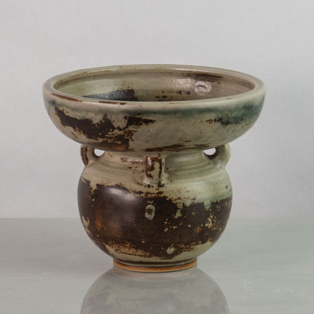 Carl Halier for Royal Copenhagen, Denmark, wide rimmed handled vase with Sung glaze G9303