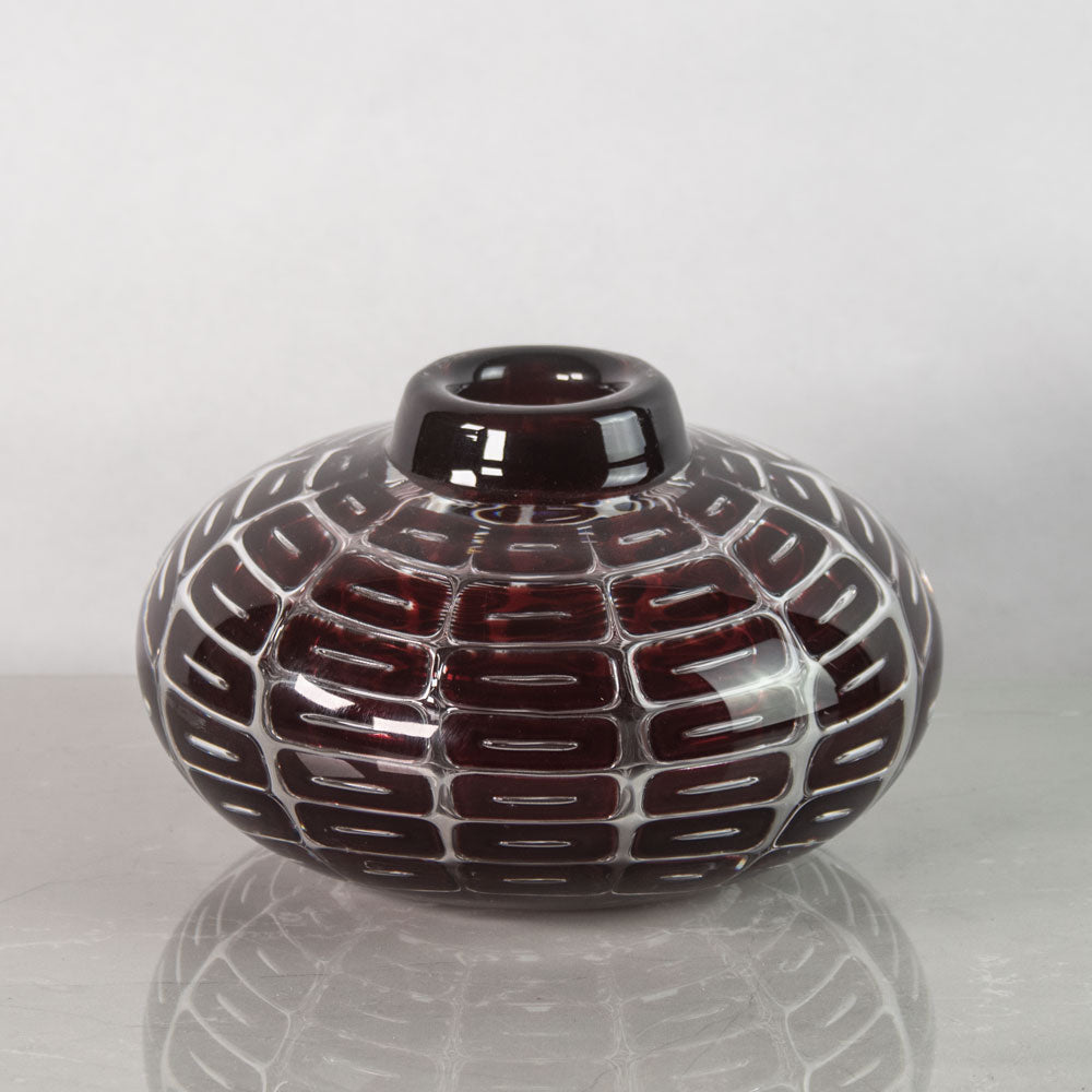 Edvin Ohrstrom for Orrefors, Sweden, Ariel" vase with red pattern of rectangles J1560