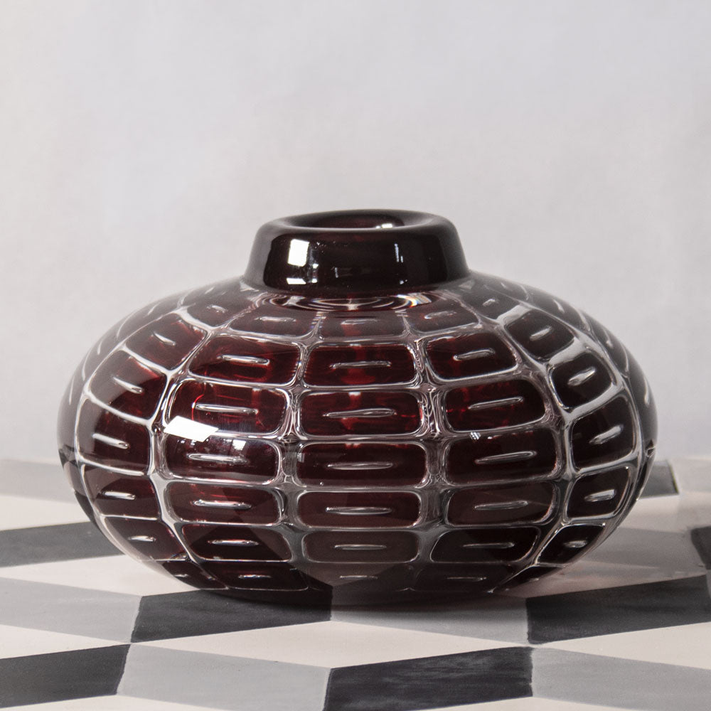 Edvin Ohrstrom for Orrefors, Sweden, Ariel" vase with red pattern of rectangles J1560