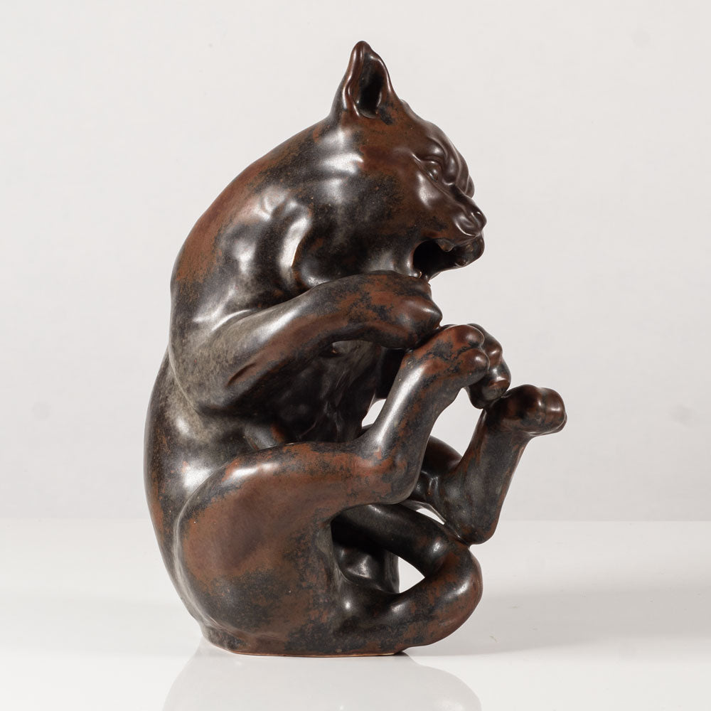 Jean Rene Gauguin for Bing & Grondahl, Denmark, wildcat figure with brown glaze L3660