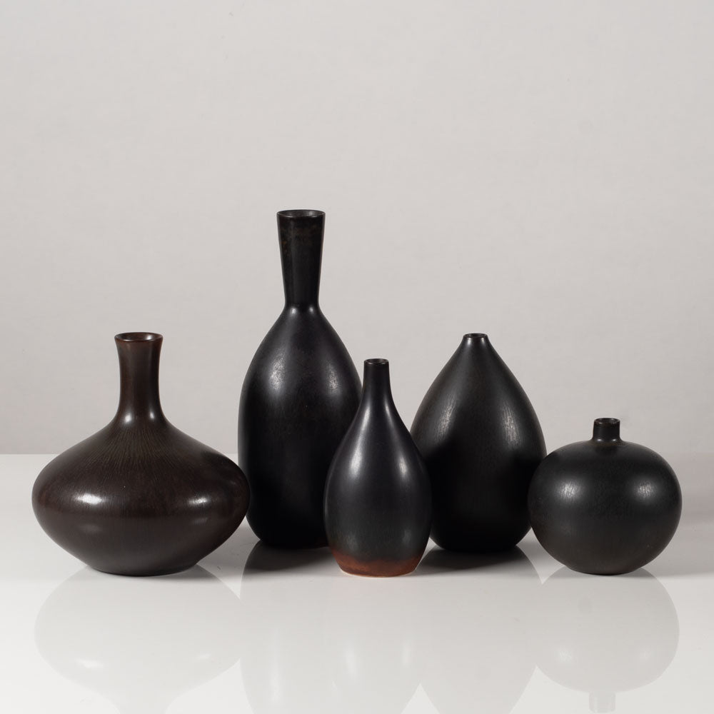 Group of five small dark brown vases by Carl Harry Stålhane for Rörstrand, Sweden
