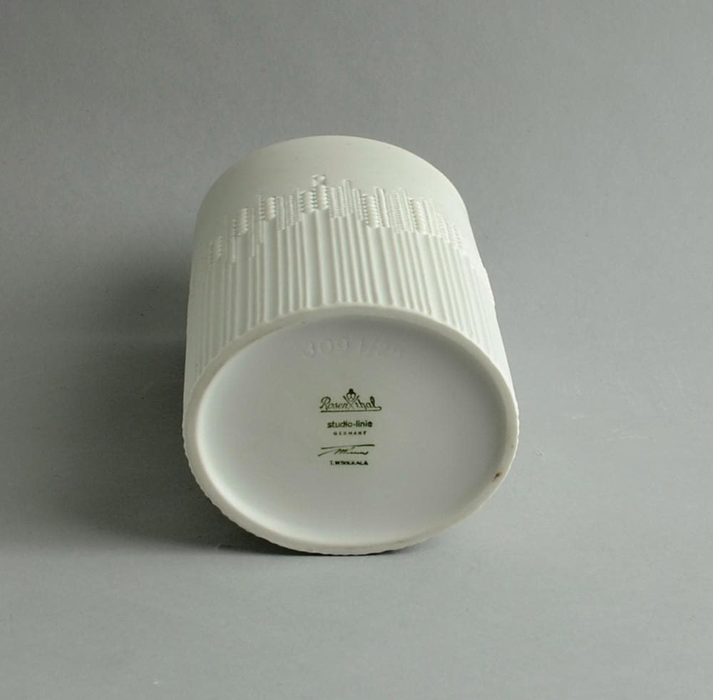 White porcelain cylindrical vase by Tapio Wirkkala for Rosenthal marks