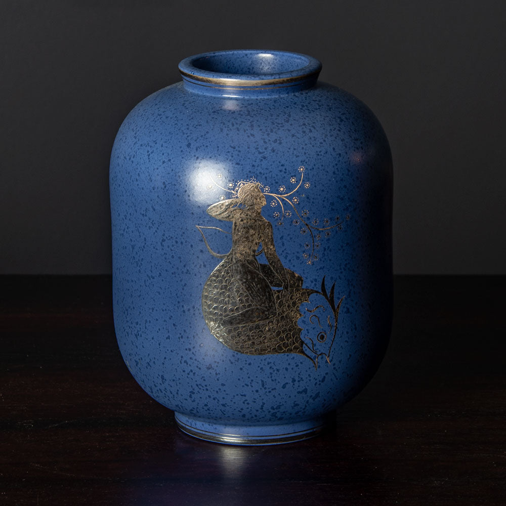 Wilhelm Kåge for Gustavsberg, blue "Argenta" vase with illustration of a woman riding a fish H1241