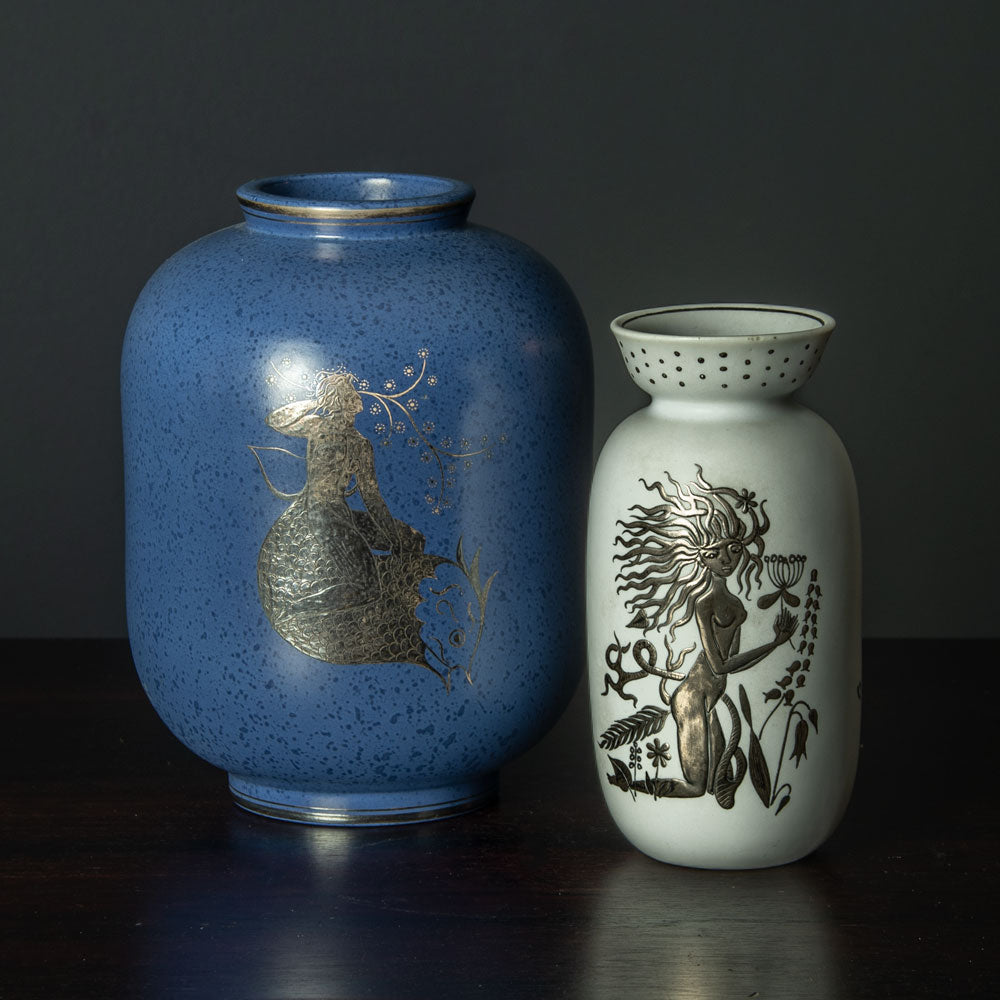 Wilhelm Kåge for Gustavsberg, blue "Argenta" vase with illustration of a woman riding a fish H1241