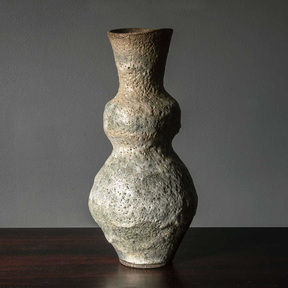 Lucie Rie vase with pale gray and white volcanic glaze