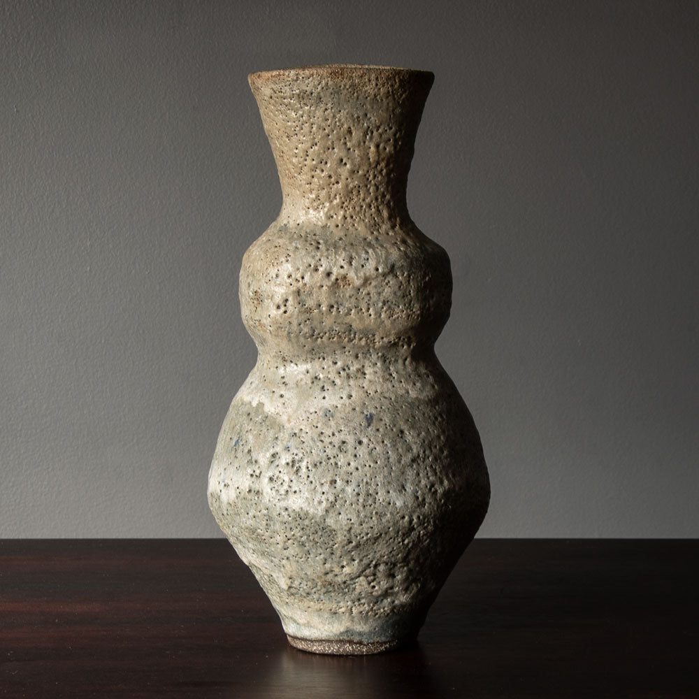 Lucie Rie vase with pale gray and white volcanic glaze