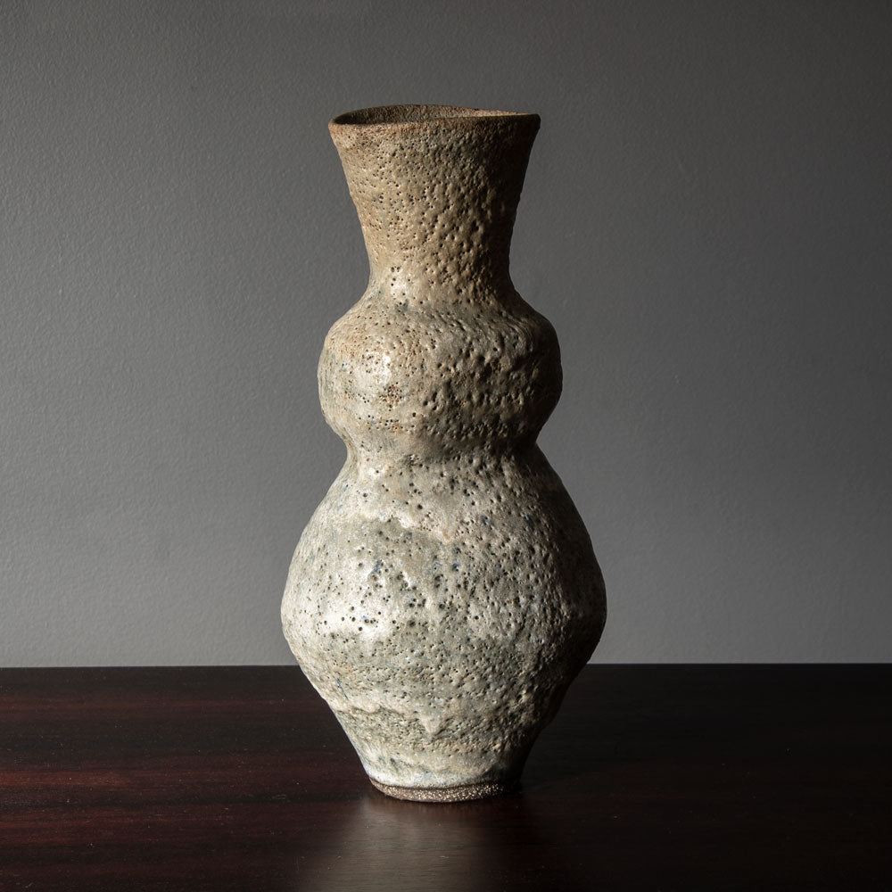Lucie Rie vase with pale gray and white volcanic glaze