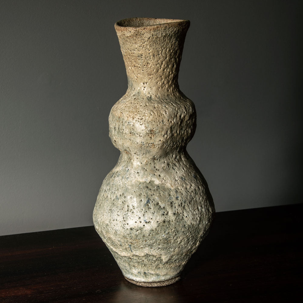 Lucie Rie vase with pale gray and white volcanic glaze