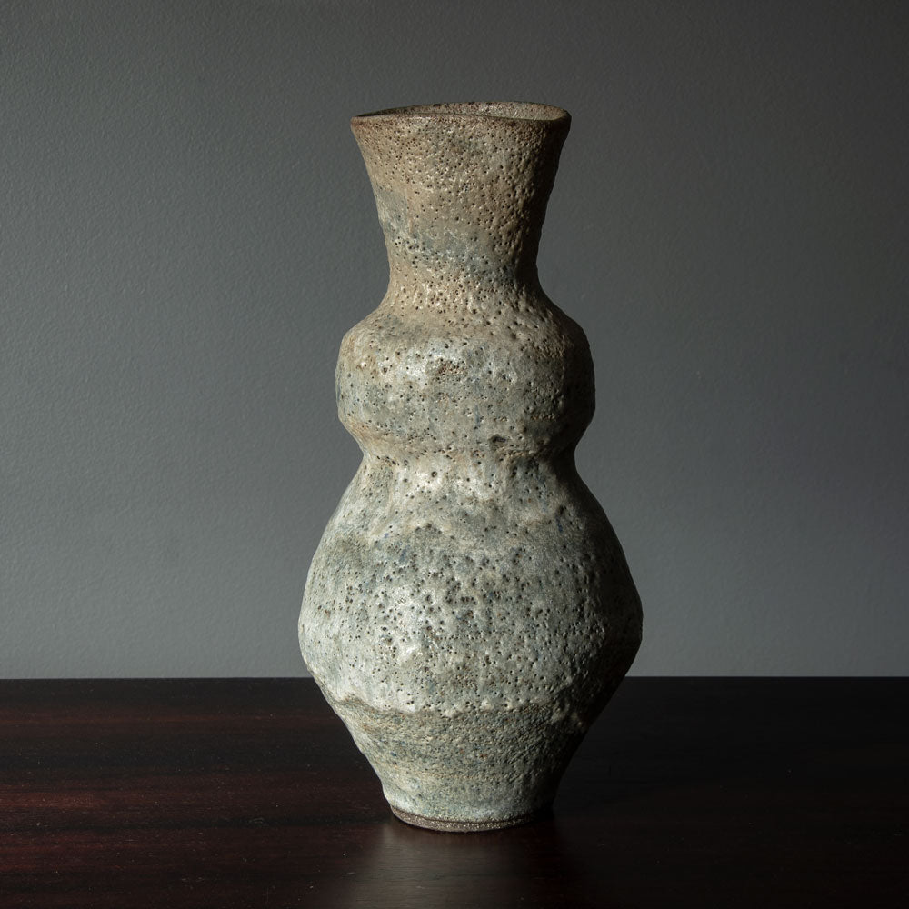 Lucie Rie vase with pale gray and white volcanic glaze