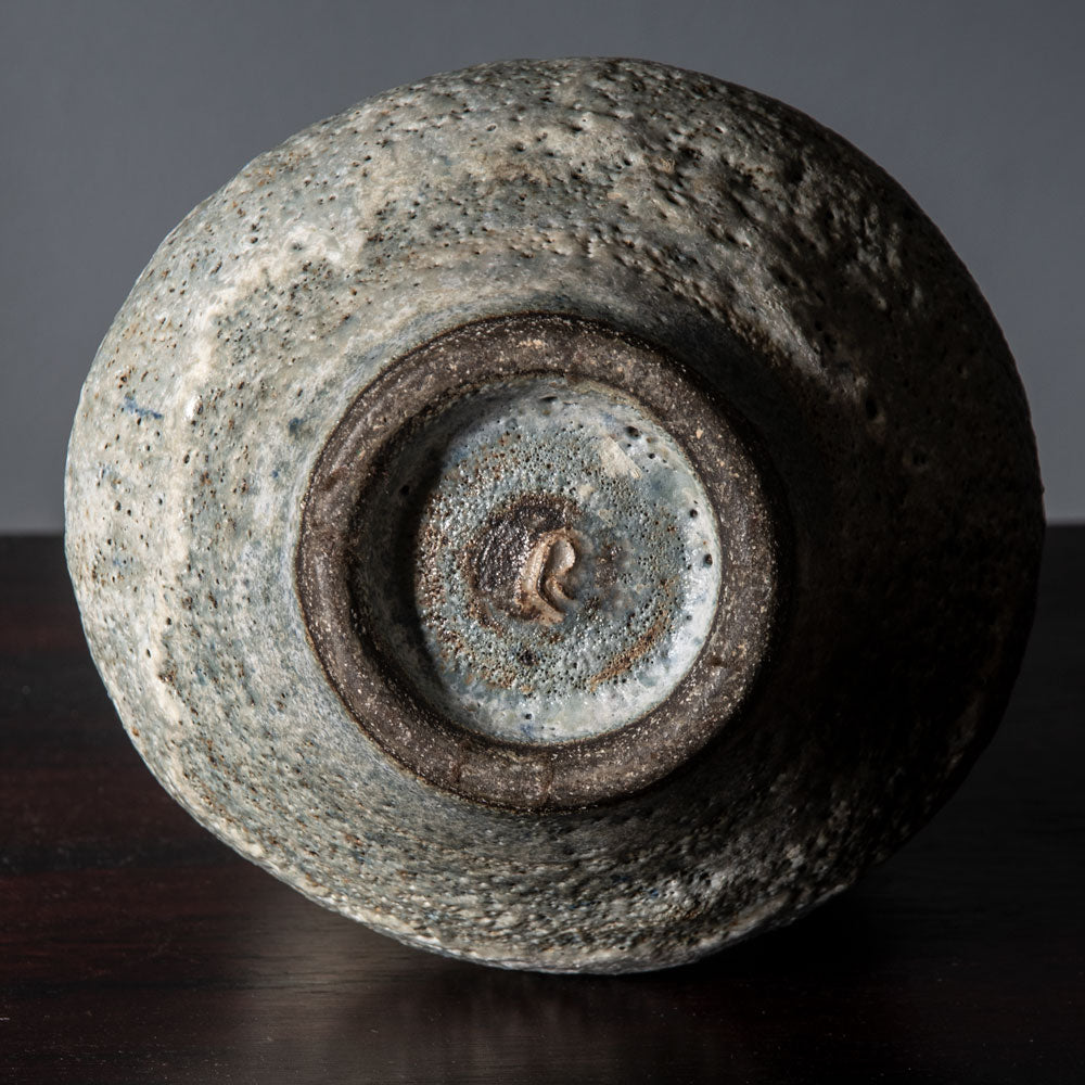 Lucie Rie vase with pale gray and white volcanic glaze