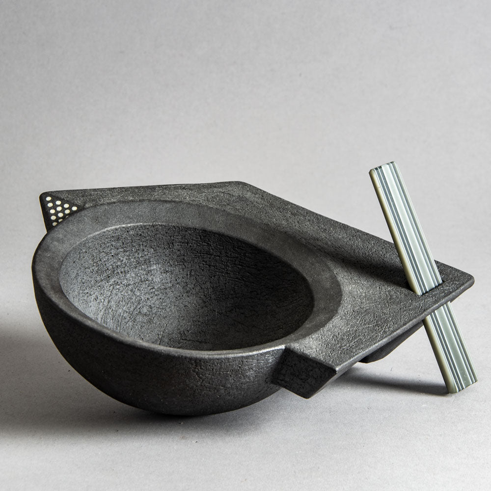 Brigitte Enders, Australia, sculptural stoneware bowl with black glaze and glass leg H1079
