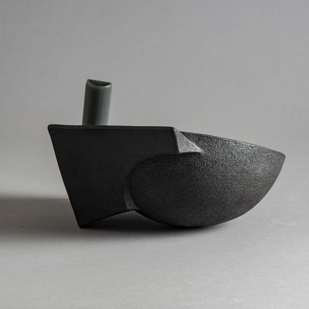 Brigitte Enders, Australia, sculptural stoneware bowl with black glaze and glass leg H1079