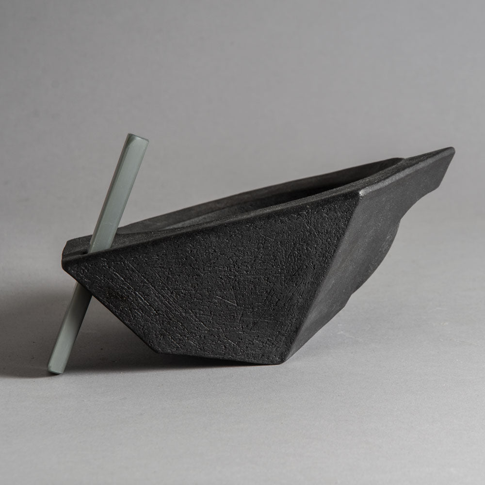 Brigitte Enders, Australia, sculptural stoneware bowl with black glaze and glass leg H1079