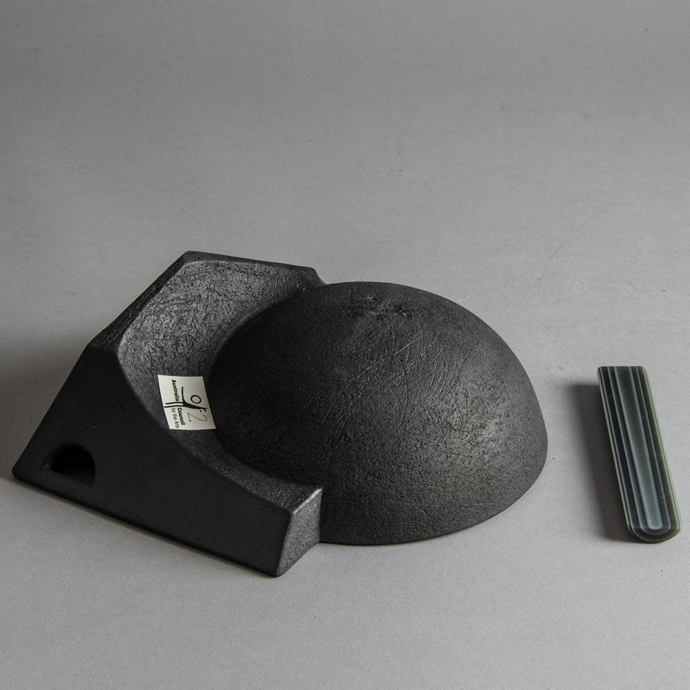 Brigitte Enders, Australia, sculptural stoneware bowl with black glaze and glass leg H1079