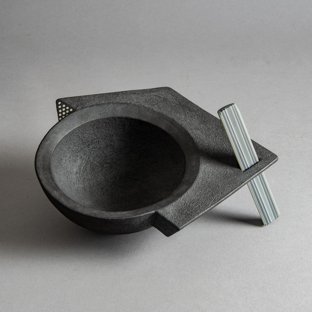 Brigitte Enders, Australia, sculptural stoneware bowl with black glaze and glass leg H1079