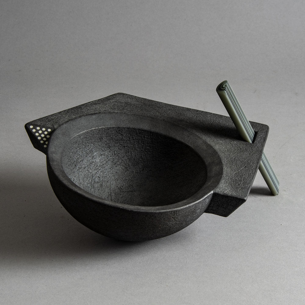 Brigitte Enders, Australia, sculptural stoneware bowl with black glaze and glass leg H1079
