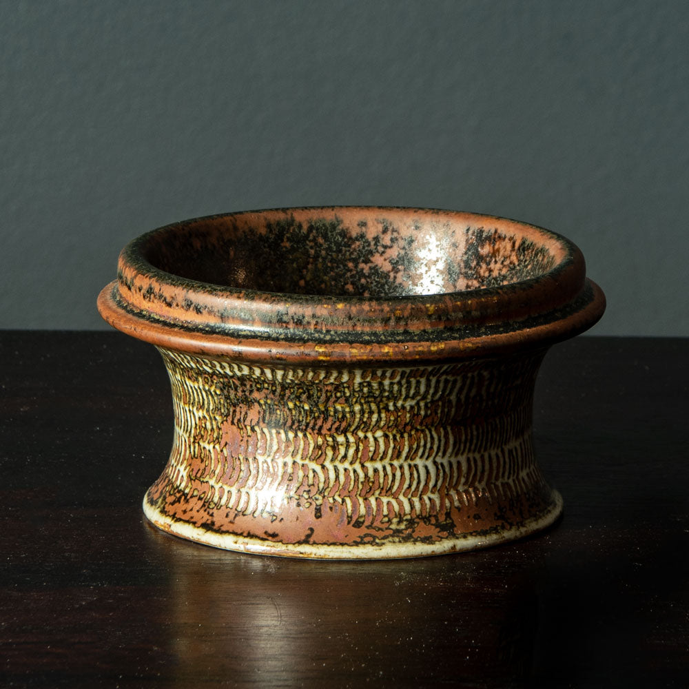 Stig Lindberg for Gustavsberg, unique stoneware bowl with impressed pattern and matte brown glaze