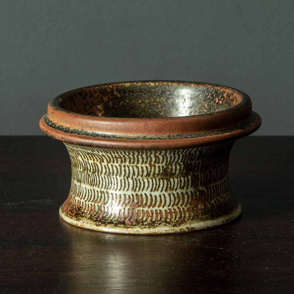 Stig Lindberg for Gustavsberg, unique stoneware bowl with impressed pattern and matte brown glaze