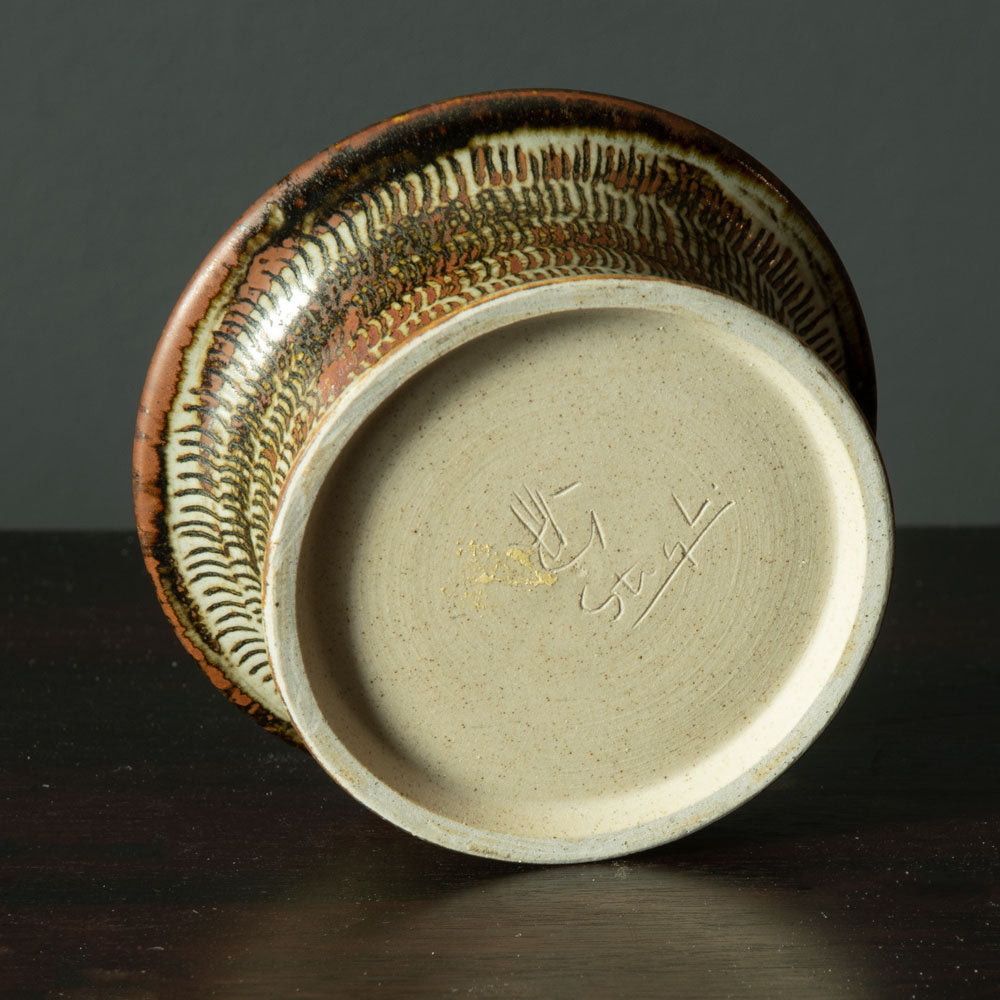 Stig Lindberg for Gustavsberg, unique stoneware bowl with impressed pattern and matte brown glaze  signature mark