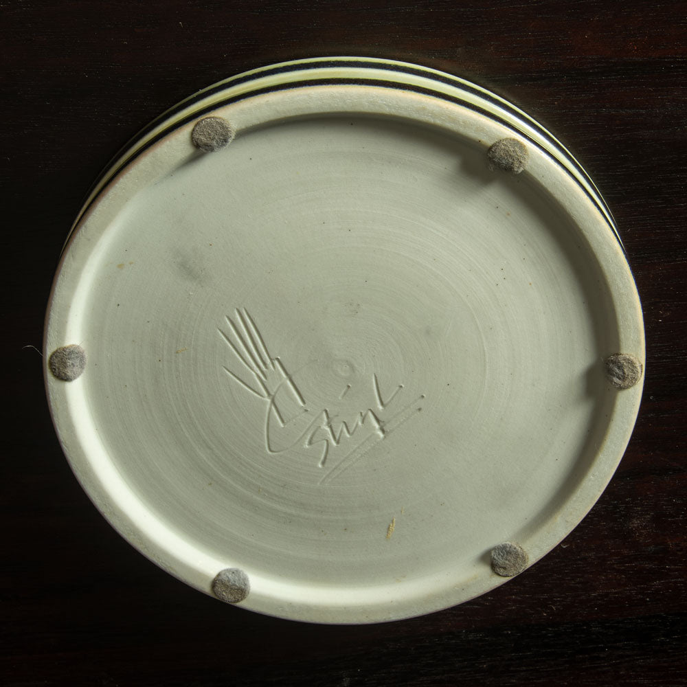 Stig Lindberg for Gustavsberg, unique stoneware dish with impressed pattern and glossy purple, black and off-white glaze H1411