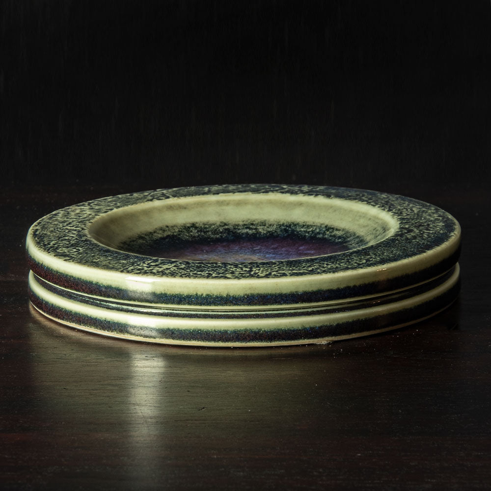 Stig Lindberg for Gustavsberg, unique stoneware dish with impressed pattern and glossy purple, black and off-white glaze H1411