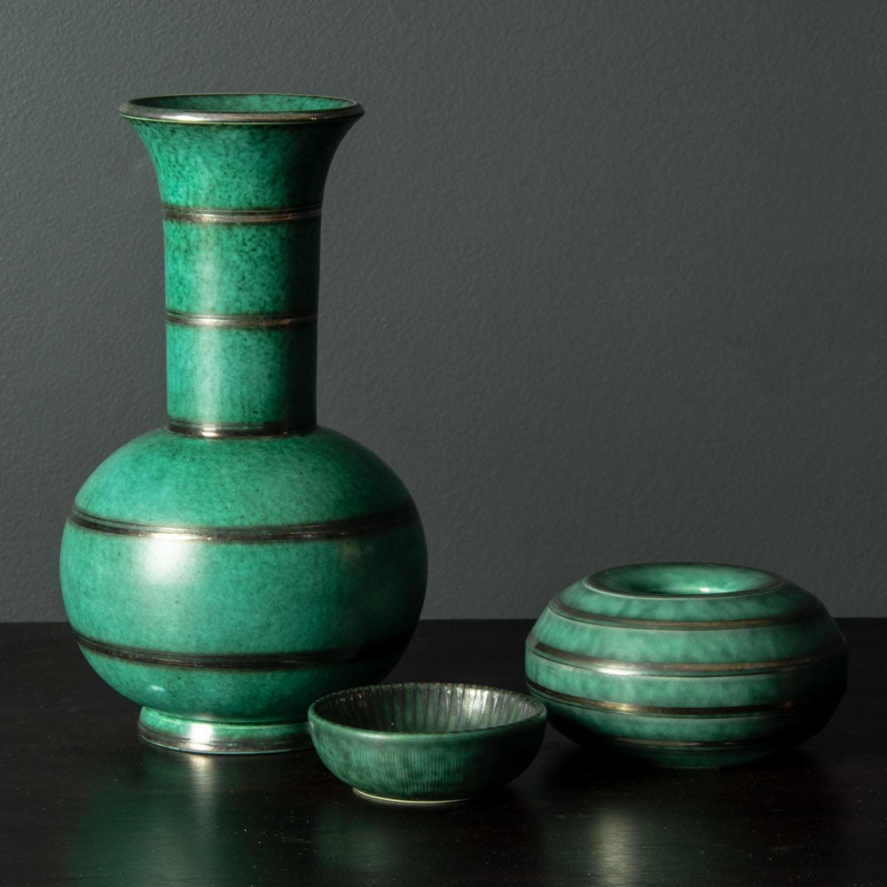 Wilhelm Kåge for Gustavsberg, "Argenta" vase with green matte glaze with silver decoration H1590