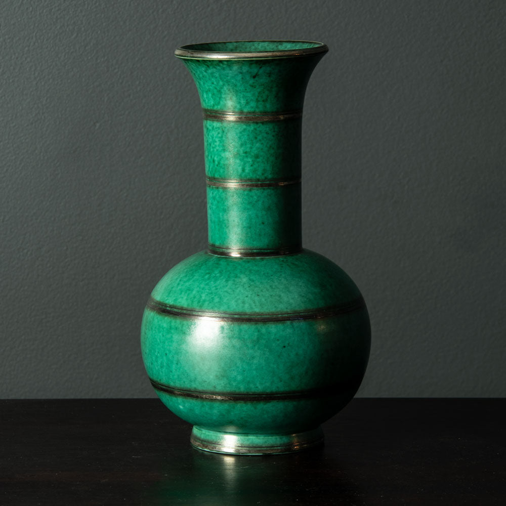 Wilhelm Kåge for Gustavsberg, "Argenta" vase with green matte glaze with silver decoration H1590