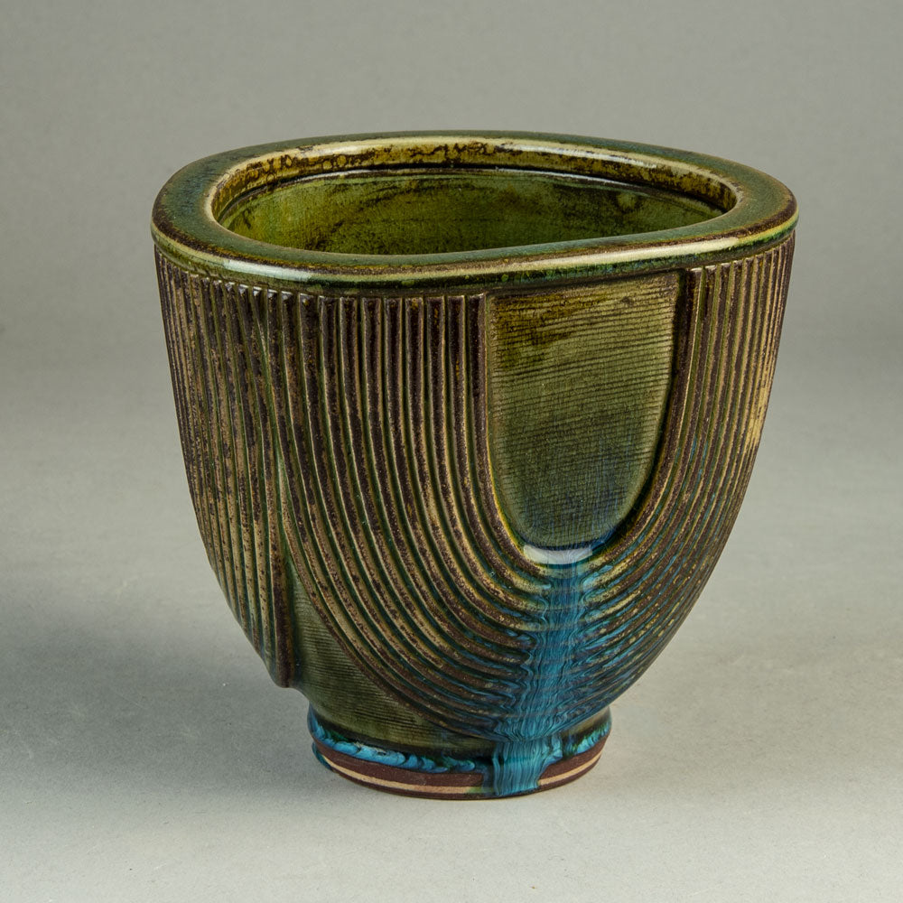 Wilhelm Kåge for Gustavsberg, Sweden, unique "Farsta" vase with blue and olive glaze H1601