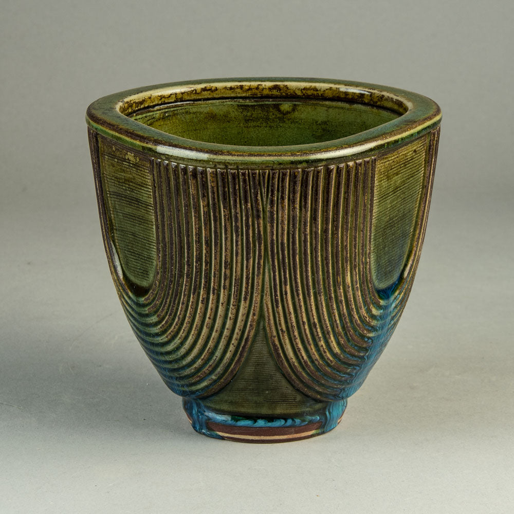 Wilhelm Kåge for Gustavsberg, Sweden, unique "Farsta" vase with blue and olive glaze H1601