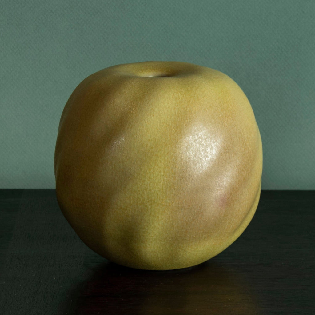 Horst Kerstan, own studio, Germany, round ribbed vase yellow ochre glaze H1520