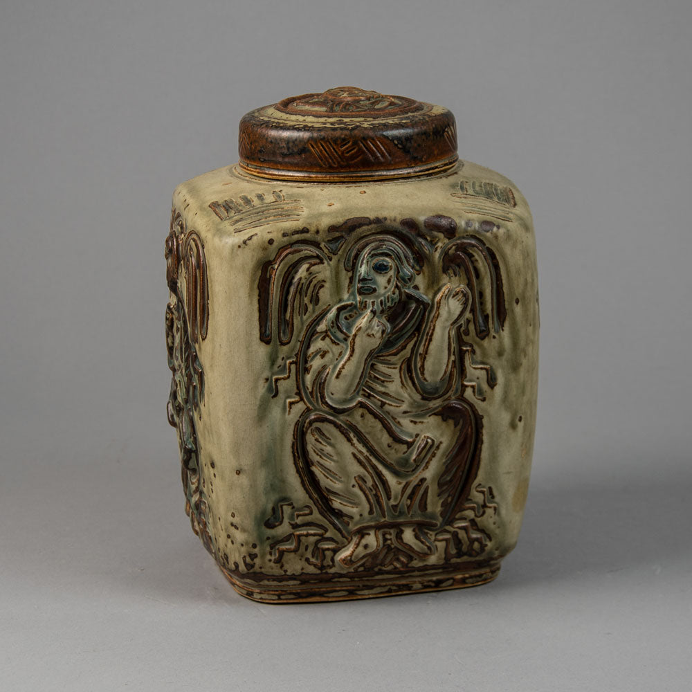 Jais Nielsen for Royal Copenhagen, Denmark, stoneware jar with figures in relief N1242