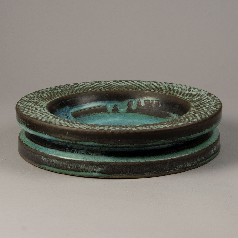 Stig Lindberg for Gustavsberg, unique stoneware shallow bowl with turquoise glaze H1107