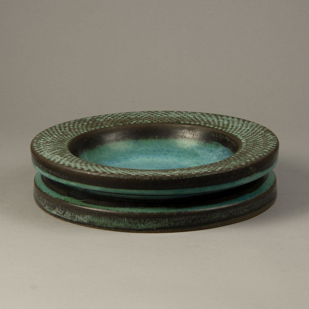 Stig Lindberg for Gustavsberg, unique stoneware shallow bowl with turquoise glaze H1107
