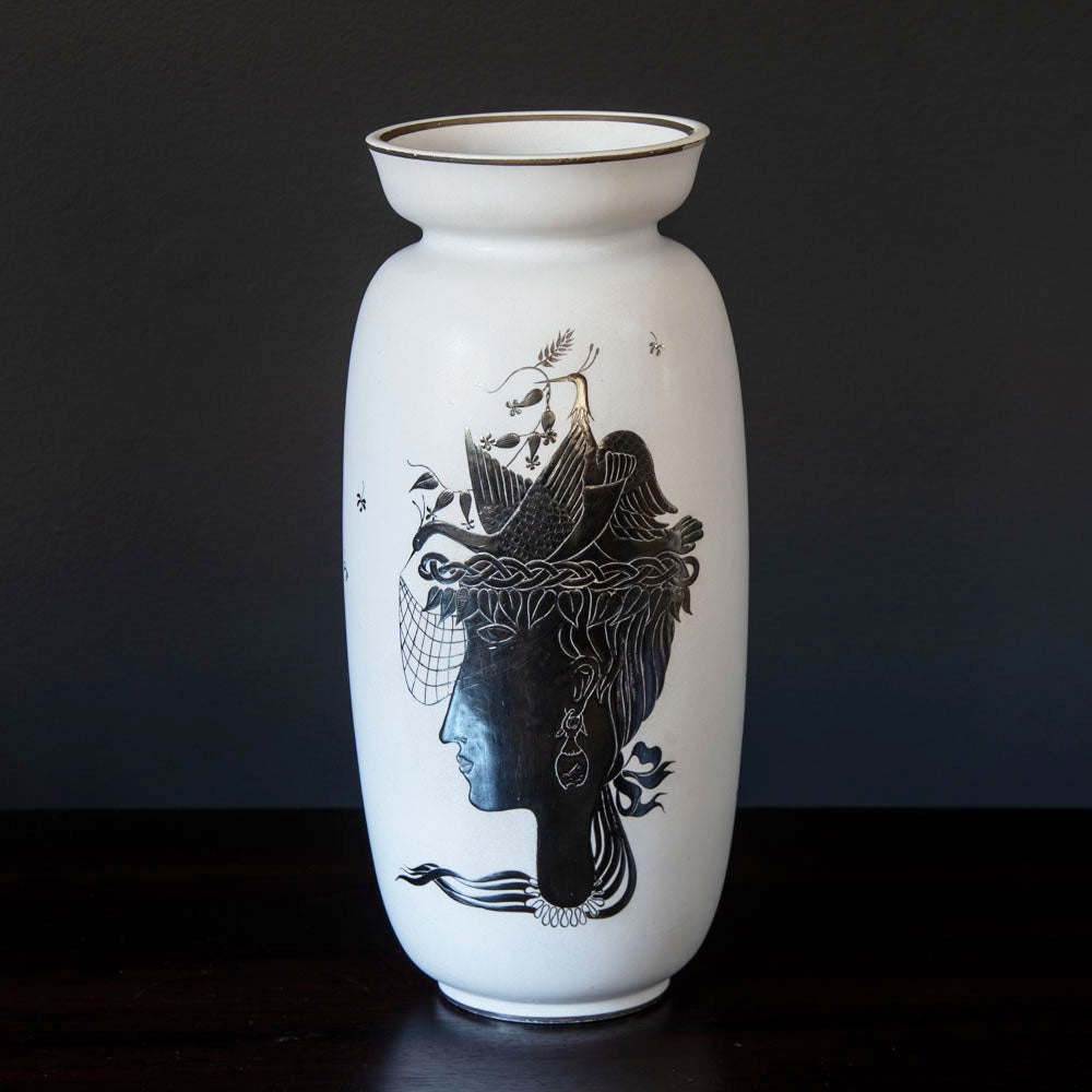 Stig Lindberg for Gustavsberg, "Grazia" stoneware vase with applied silver decoration H1066