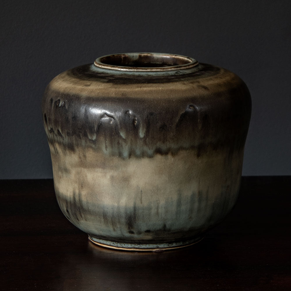 Carl Halier for Royal Copenhagen, Denmark, unique stoneware vase with dripping matte gray, buff and pale blue glaze N5806