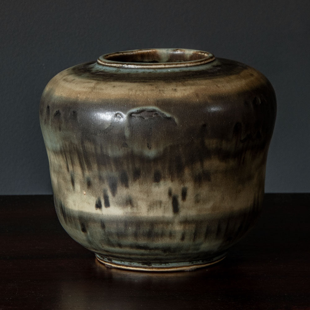 Carl Halier for Royal Copenhagen, Denmark, unique stoneware vase with dripping matte gray, buff and pale blue glaze N5806
