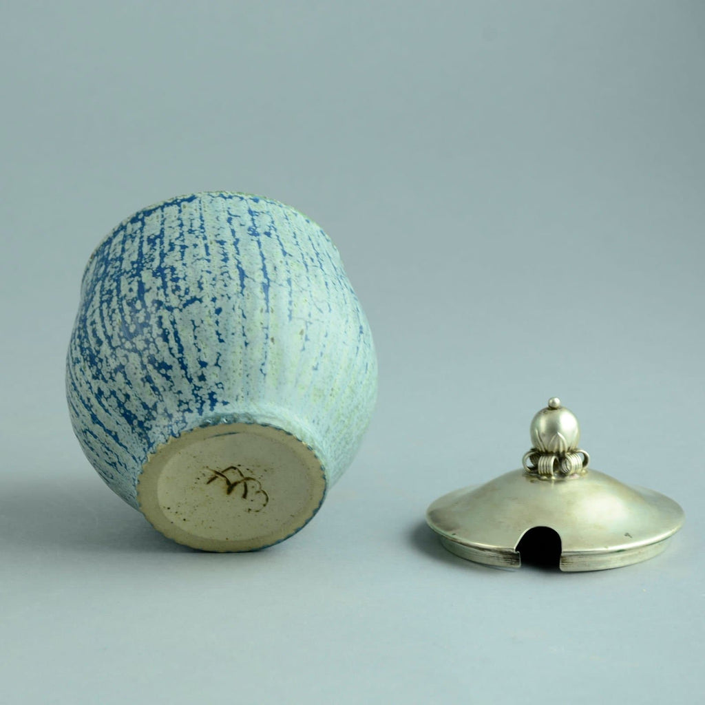 Arne Bang, Denmark, marmalade jar with blue glaze and silver lid C5489 - Freeforms