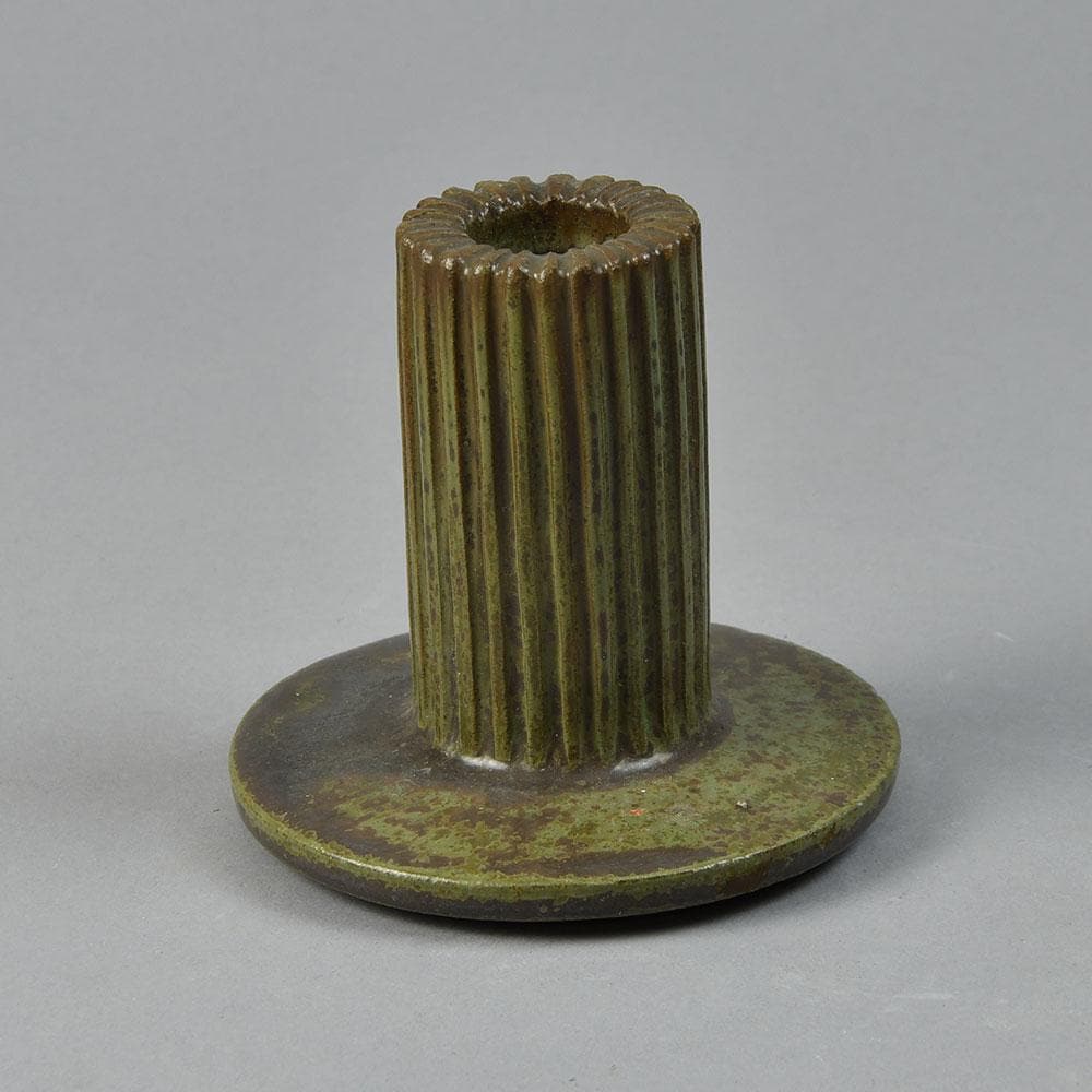 Arne Bang, Denmark, stoneware candlestick with olive green glaze A1381