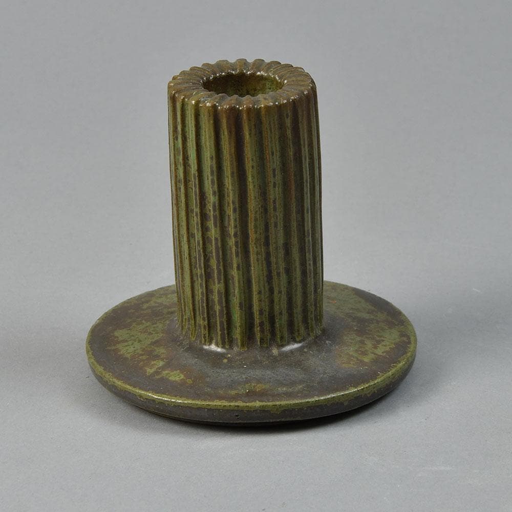 Arne Bang, Denmark, stoneware candlestick with olive green glaze A1381