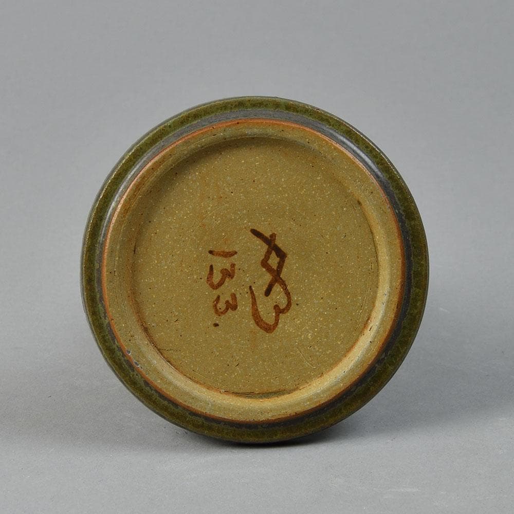 Arne Bang, Denmark, stoneware candlestick with olive green glaze A1381