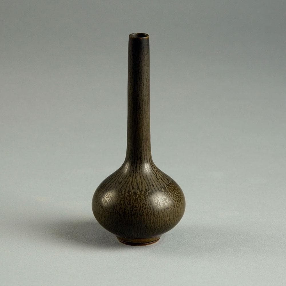 Berndt Friberg for Gustavsberg, long necked cabinet vase with brown haresfur glaze D6335 - Freeforms