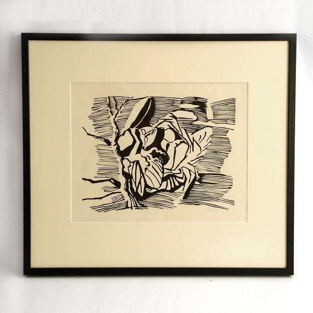 Black and white woodblock print of reclining man by Axel Salto N6392 - Freeforms