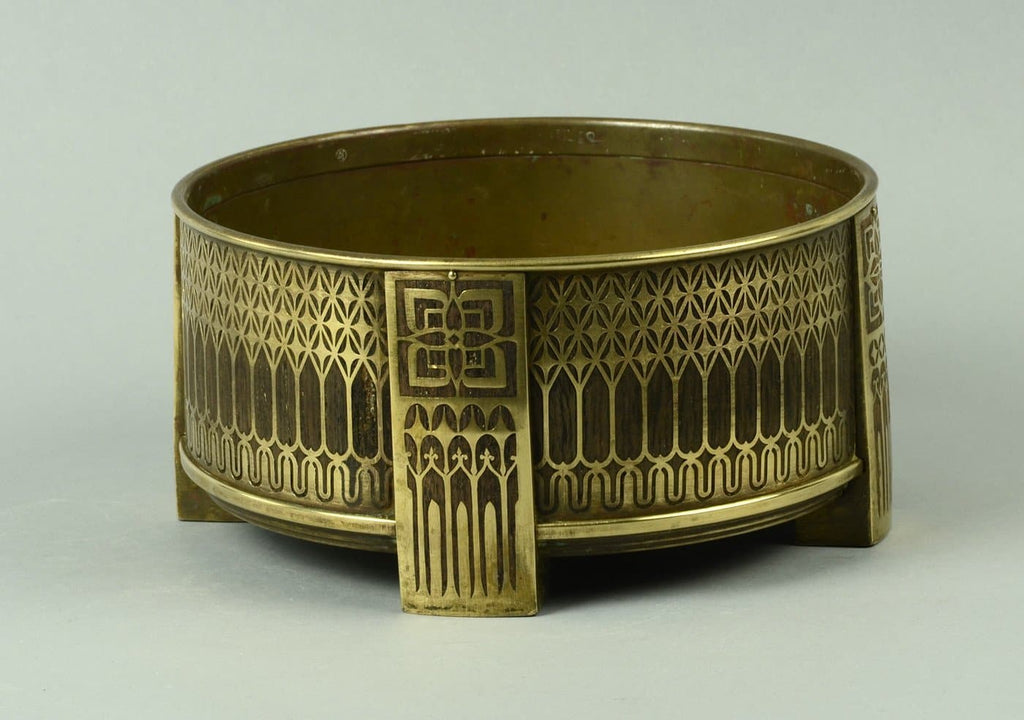 Brass and teak inlaid footed cylindrical bowl by Erhard and Sohne A1245 - Freeforms