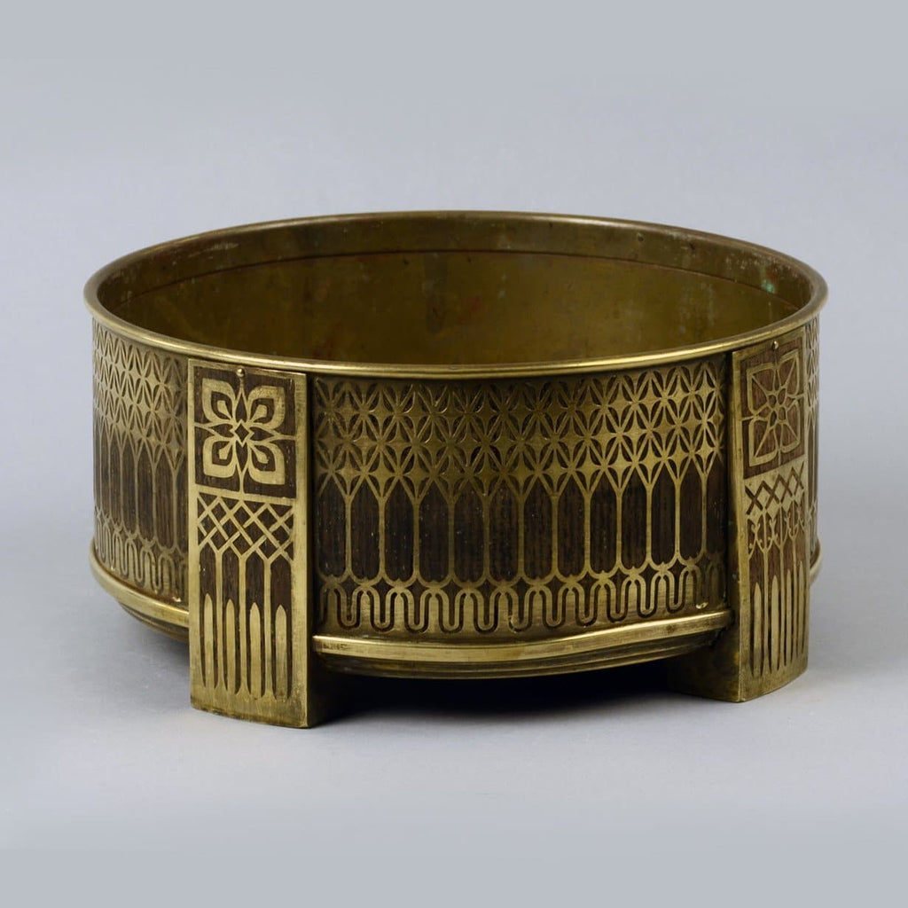 Brass and teak inlaid footed cylindrical bowl by Erhard and Sohne A1245 - Freeforms