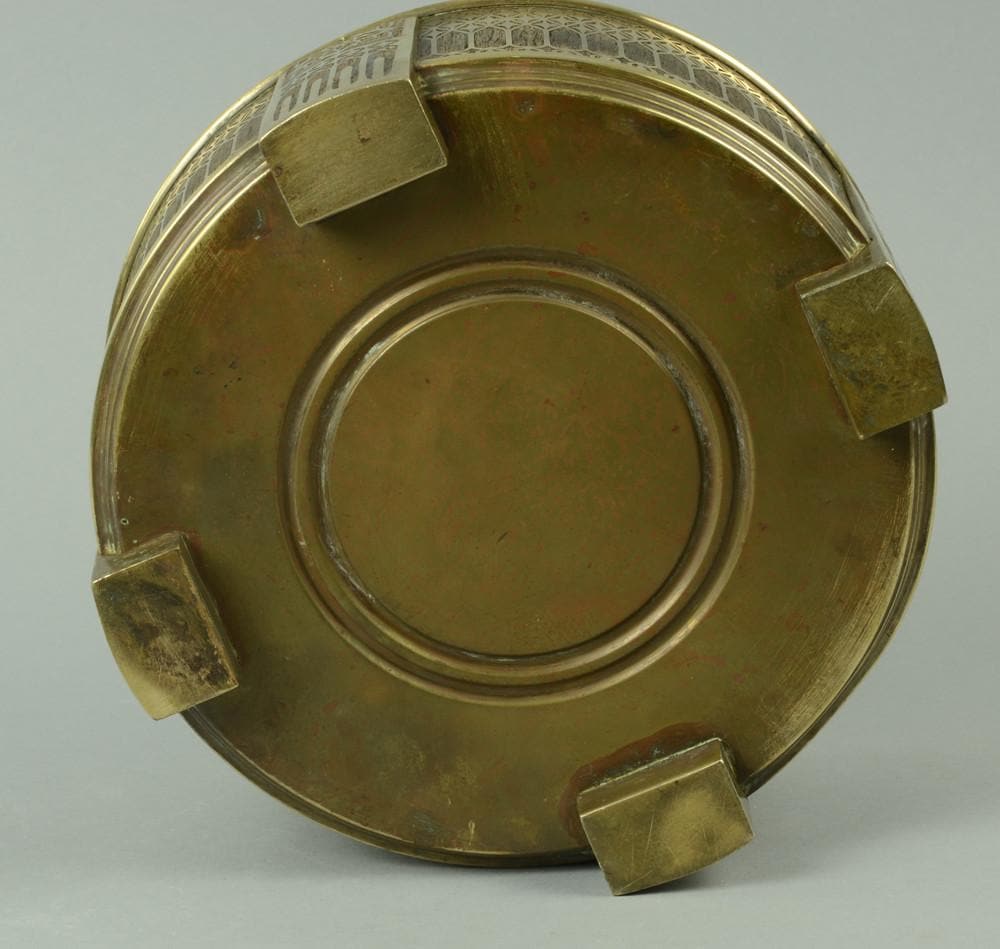 Brass and teak inlaid footed cylindrical bowl by Erhard and Sohne A1245 - Freeforms